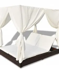vidaXL Outdoor Lounge Bed with Curtains Poly Rattan Brown