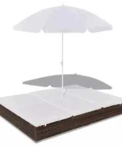 vidaXL Outdoor Lounge Bed with Umbrella Poly Rattan Brown