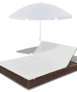 vidaXL Outdoor Lounge Bed with Umbrella Poly Rattan Brown