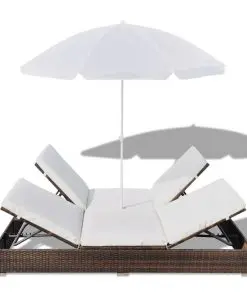 vidaXL Outdoor Lounge Bed with Umbrella Poly Rattan Brown