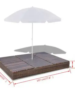 vidaXL Outdoor Lounge Bed with Umbrella Poly Rattan Brown