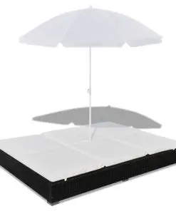 vidaXL Outdoor Lounge Bed with Umbrella Poly Rattan Black