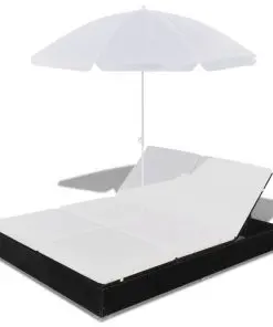 vidaXL Outdoor Lounge Bed with Umbrella Poly Rattan Black