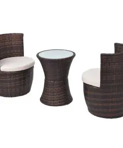 vidaXL 3 Piece Bistro Set with Cushions Poly Rattan Brown