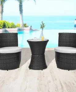 vidaXL 3 Piece Bistro Set with Cushions Poly Rattan Black
