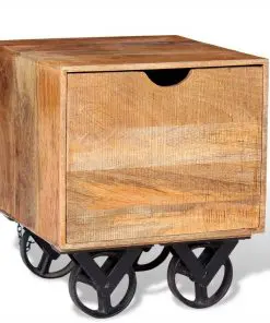 vidaXL Side Table with Drawer Wheels Mango Wood 40x40x45 cm