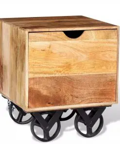 vidaXL Side Table with Drawer Wheels Mango Wood 40x40x45 cm