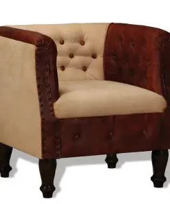 vidaXL Armchair Brown and Beige Real Leather and Fabric