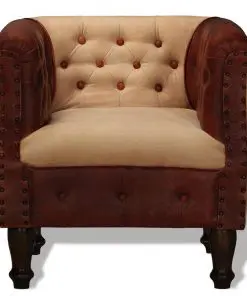 vidaXL Armchair Brown and Beige Real Leather and Fabric