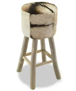 vidaXL Bar Stool Real Leather and Solid Teak Wood