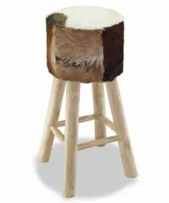 vidaXL Bar Stool Real Leather and Solid Teak Wood