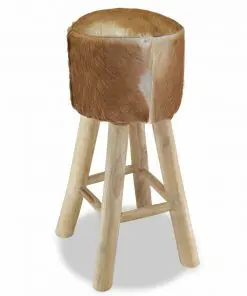 vidaXL Bar Stool Real Leather and Solid Teak Wood