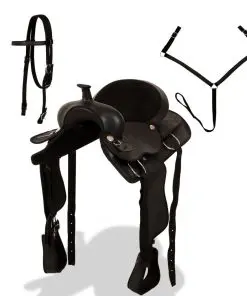 vidaXL Western Saddle, Headstall&Breast Collar Real Leather 15″ Black