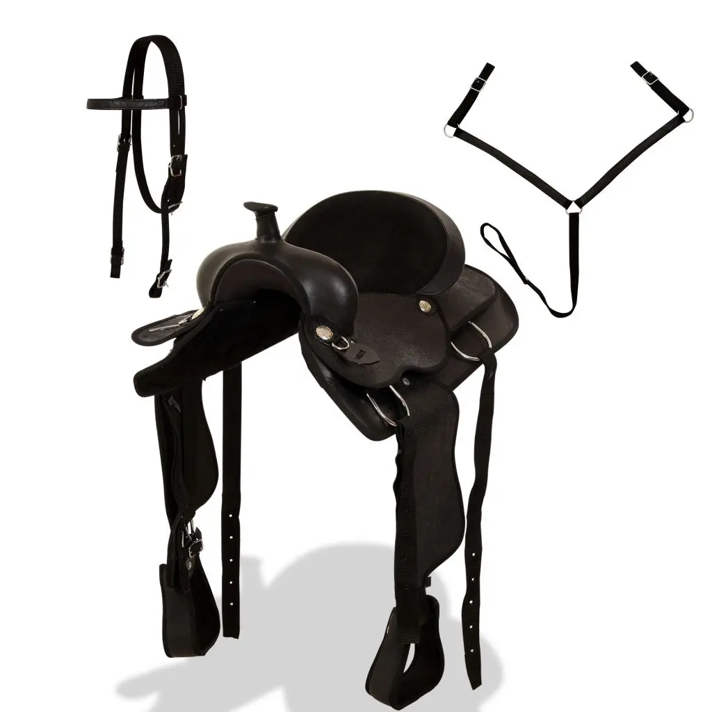 vidaXL Western Saddle, Headstall&Breast Collar Real Leather 15″ Black