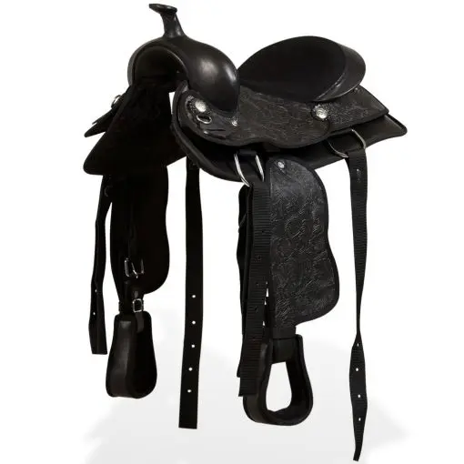 vidaXL Western Saddle, Headstall&Breast Collar Real Leather 12″ Black