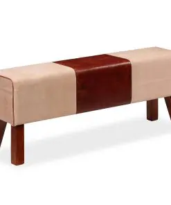 vidaXL Bench Genuine Leather and Canvas Beige and Brown 120x30x45 cm