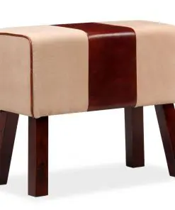 vidaXL Bench Genuine Leather and Canvas Beige and Brown 60x30x50 cm