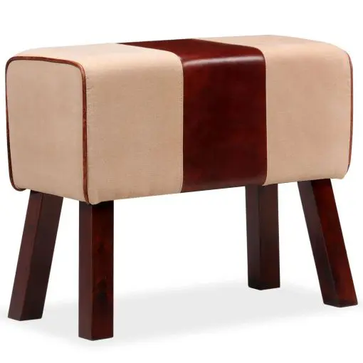 vidaXL Bench Genuine Leather and Canvas Beige and Brown 60x30x50 cm