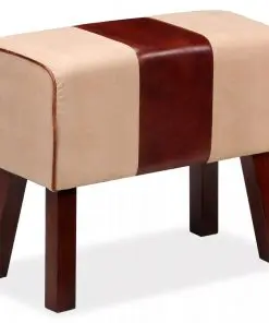 vidaXL Bench Genuine Leather and Canvas Beige and Brown 60x30x50 cm