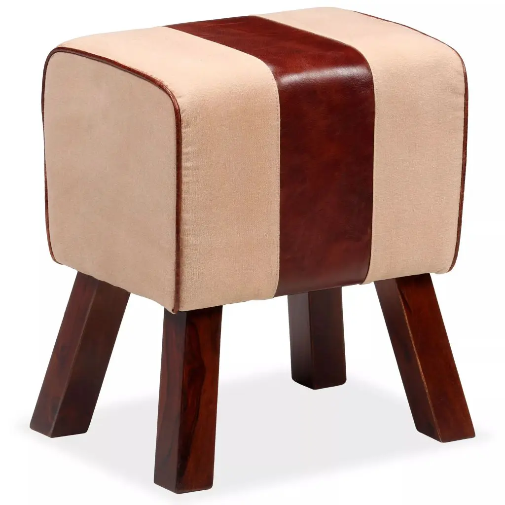vidaXL Bench Genuine Leather and Canvas Beige and Brown 40x30x45 cm