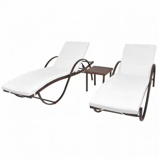 vidaXL Sun Loungers 2 pcs with Table Poly Rattan Brown