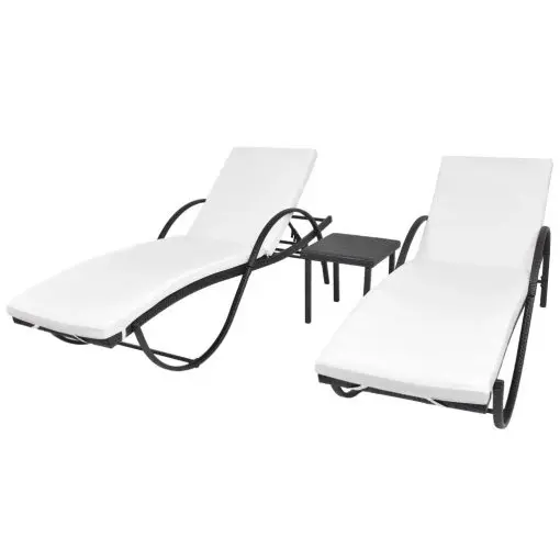 vidaXL Sun Loungers 2 pcs with Table Poly Rattan Black (42884+42886)