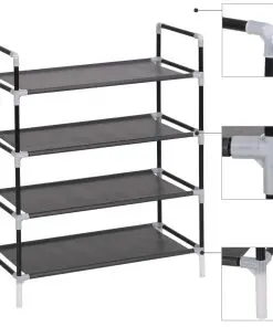 vidaXL Shoe Rack with 4 Shelves Metal and Non-woven Fabric Black