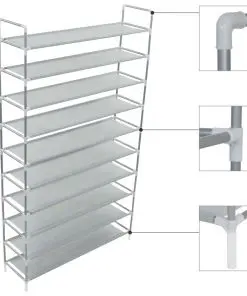 vidaXL Shoe Rack with 10 Shelves Metal and Non-woven Fabric Silver