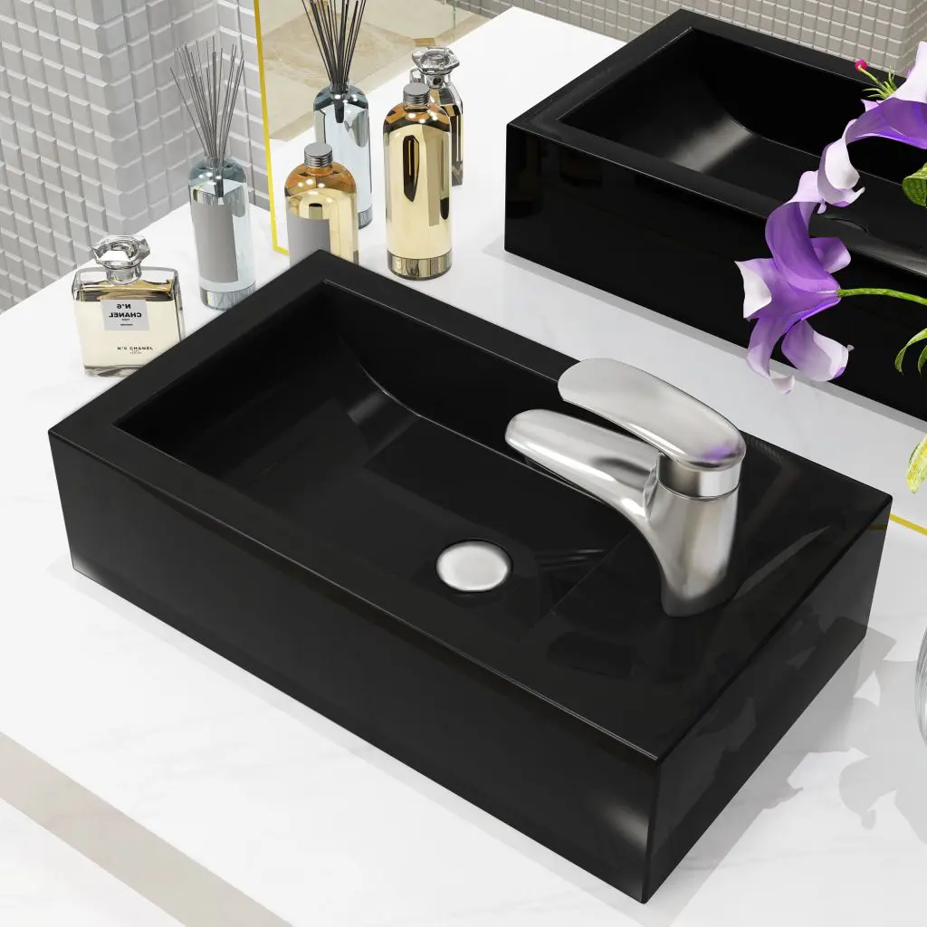 vidaXL Basin with Faucet Hole Rectangular Ceramic Black 46×25.5×12 cm