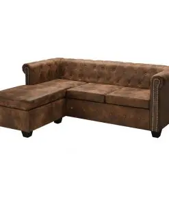 vidaXL L-shaped Chesterfield Sofa Artificial Suede Leather Brown