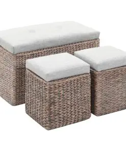 vidaXL Bench with 2 Ottomans Seagrass Grey vidaXL Bench with 2 Ottomans Seagrass Grey