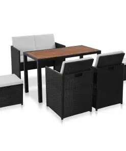 vidaXL 6 Piece Outdoor Dining Set Black Poly Rattan Acacia Wood