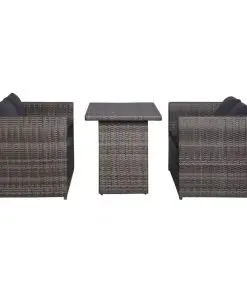 vidaXL 3 Piece Bistro Set Poly with Cushions Rattan Grey