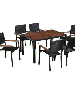 vidaXL 7 Piece Outdoor Dining Set Poly Rattan and Acacia Wood Black