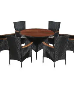 vidaXL 7 Piece Outdoor Dining Set Poly Rattan and Acacia Wood Black