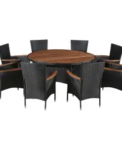 vidaXL 9 Piece Outdoor Dining Set Poly Rattan and Acacia Wood Black