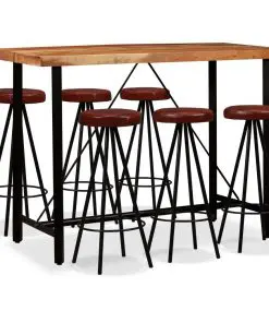 vidaXL 7 Piece Bar Set Solid Acacia Wood and Genuine Leather