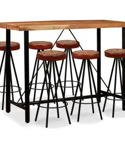 vidaXL 7 Piece Bar Set Solid Acacia Wood, Genuine Leather & Canvas