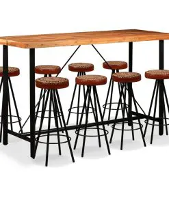 vidaXL 9 Piece Bar Set Solid Acacia Wood, Genuine Leather & Canvas