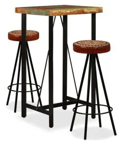vidaXL 3 Piece Bar Set Solid Reclaimed Wood, Genuine Leather & Canvas