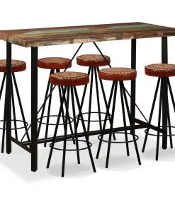 vidaXL 7 Piece Bar Set Solid Reclaimed Wood, Genuine Leather & Canvas