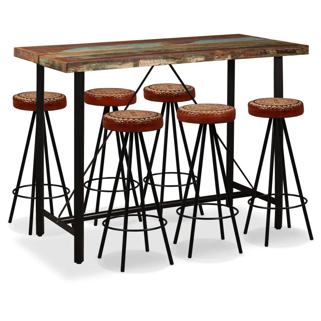 vidaXL 7 Piece Bar Set Solid Reclaimed Wood, Genuine Leather & Canvas