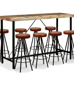 vidaXL 9 Piece Bar Set Solid Reclaimed Wood, Genuine Leather & Canvas