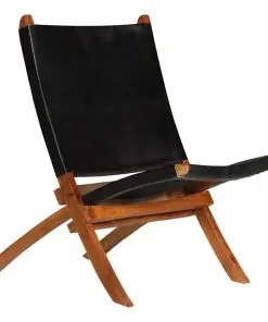 vidaXL Folding Relaxing Chair Black Real Leather