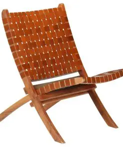 vidaXL Folding Chair Crossed-Stripe Brown Real Leather