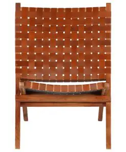 vidaXL Folding Chair Crossed-Stripe Brown Real Leather