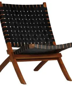 vidaXL Folding Chair Crossed-Stripe Black Real Leather