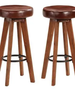 vidaXL Bar Chairs 2 pcs Real Leather and Solid Acacia Wood