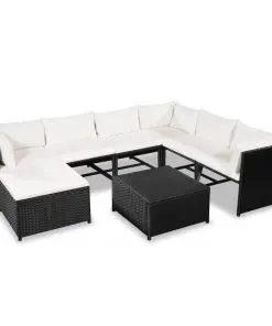 vidaXL 8 Piece Garden Lounge Set with Cushions Poly Rattan Black