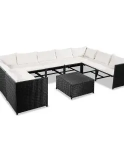 vidaXL 10 Piece Garden Lounge Set with Cushions Poly Rattan Black